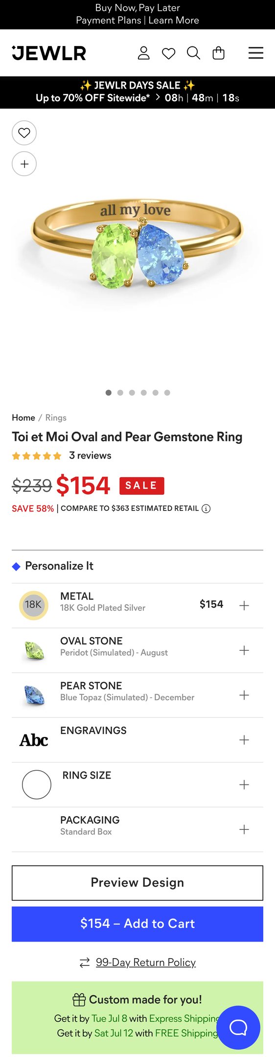 Jewelry product options include: ring for 18K Gold Plated Silver Toi et Moi Oval and Pear Gemstone Ring from Jewlr.
