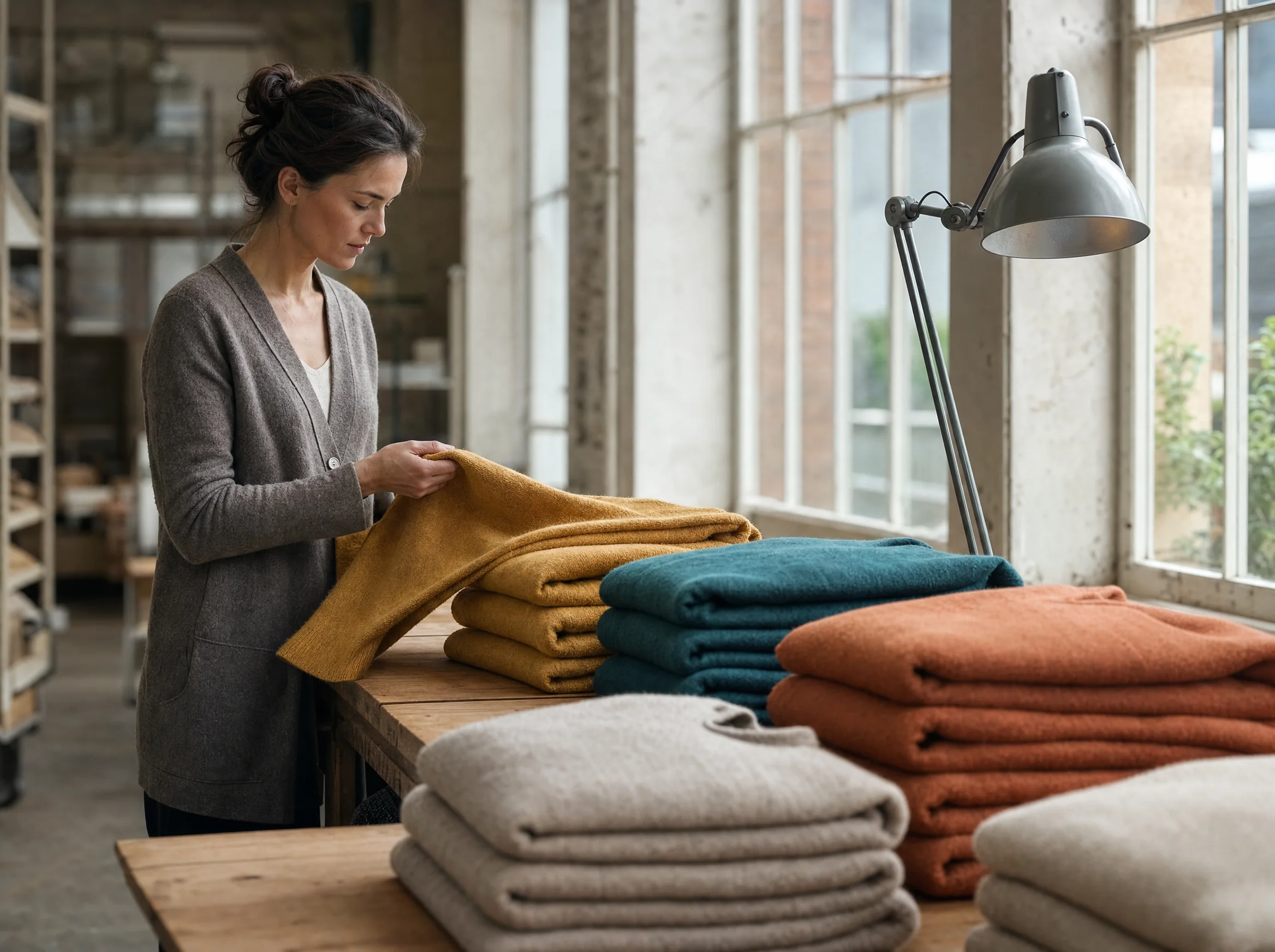 A woman folding lambswool jumpers in mustard, teal and rust in a mill finishing room