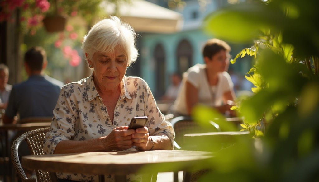 Eine ältere Dame benutzt ai-gelb zur erleichterten Navigation einer Website