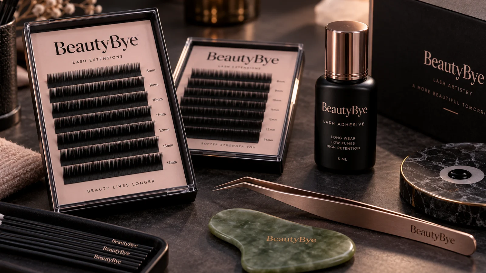 BeautyBye lash adhesive, extension trays and precision tweezers on a dark studio surface