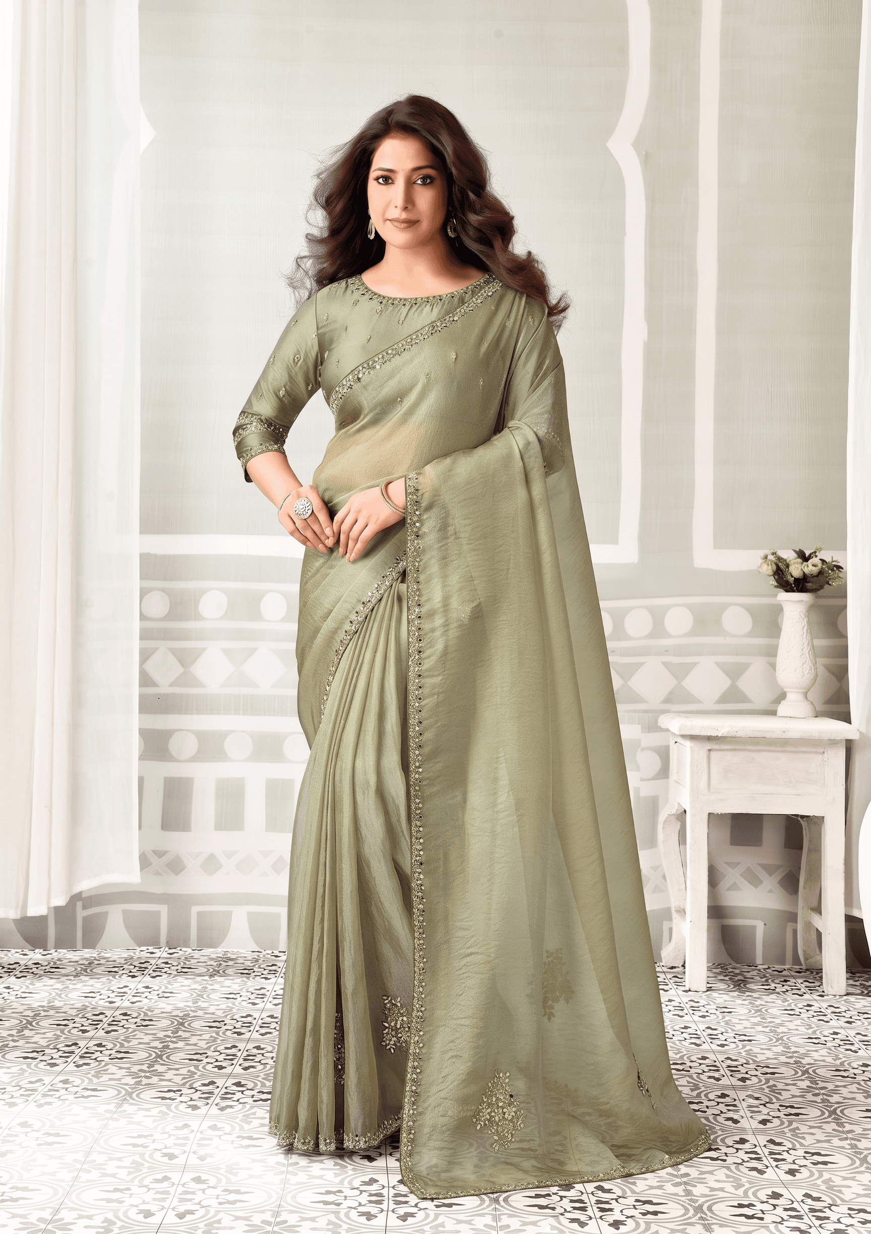 Sage green embellished organza satin silk saree by Pratapsons Heritage, ₹5,095