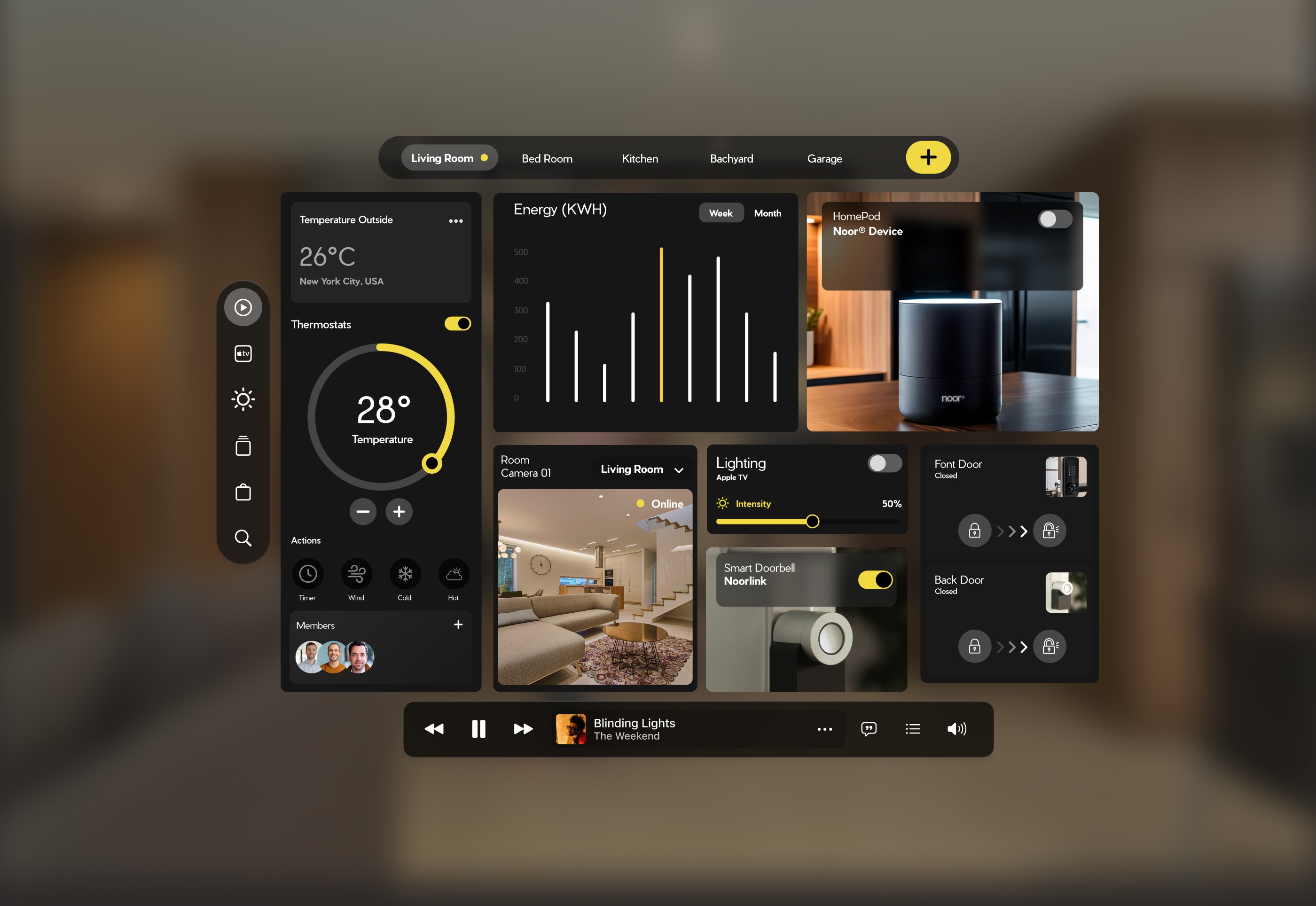 An open-concept interior with a centrally located smart panel, controlling multiple zones through the Noor® ecosystem.