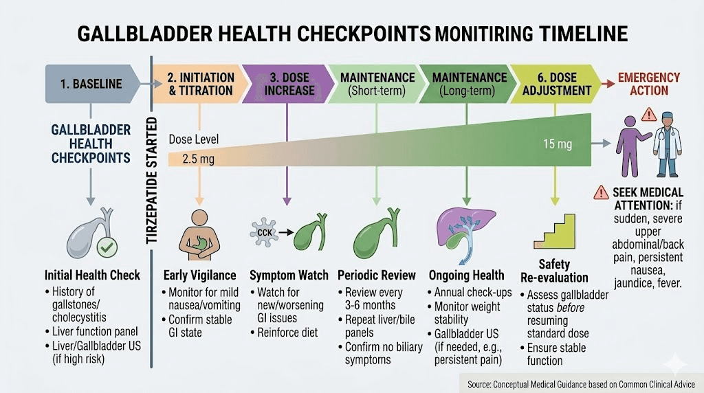 Gallbladder monitoring schedule during tirzepatide treatment