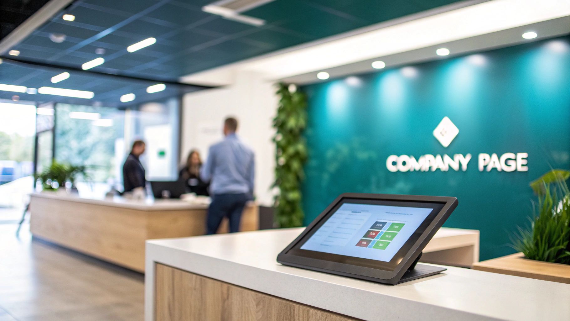 Modern office reception desk with digital tablet displaying company page interface and branded teal wall