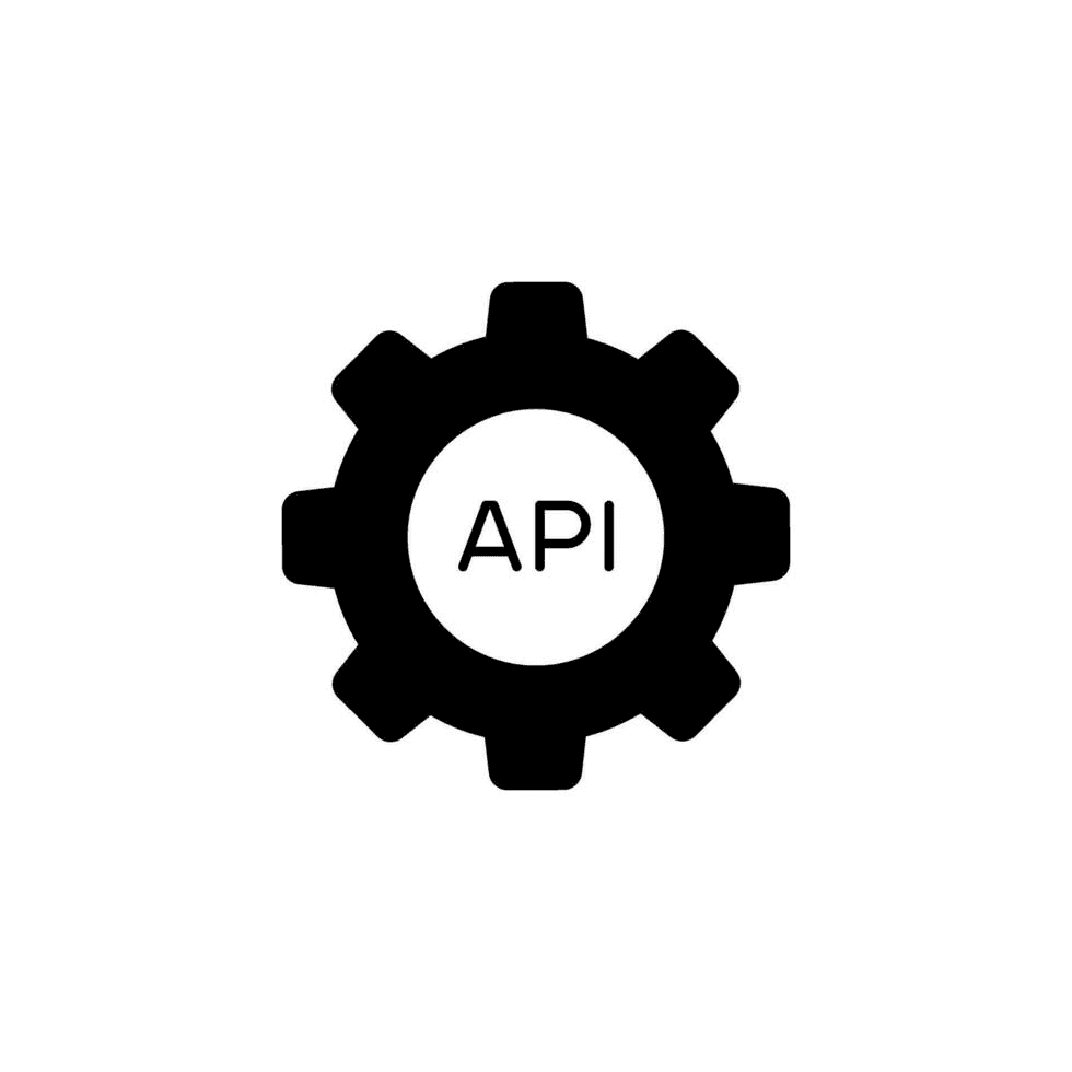 Black and white flat icon of a mechanical gear with "API" text in the center, representing application programming interface settings.
