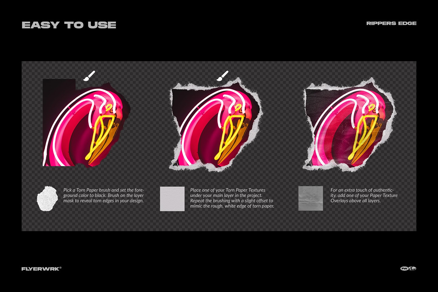 Step by step tutorial showing how to apply torn paper brushes to a neon pink flamingo design