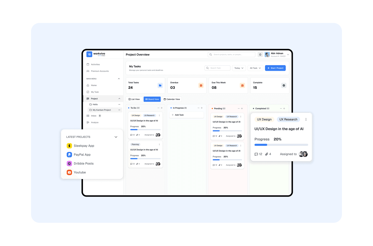 Project workflow timeline showing phases from research and branding to development and UX/UI design.