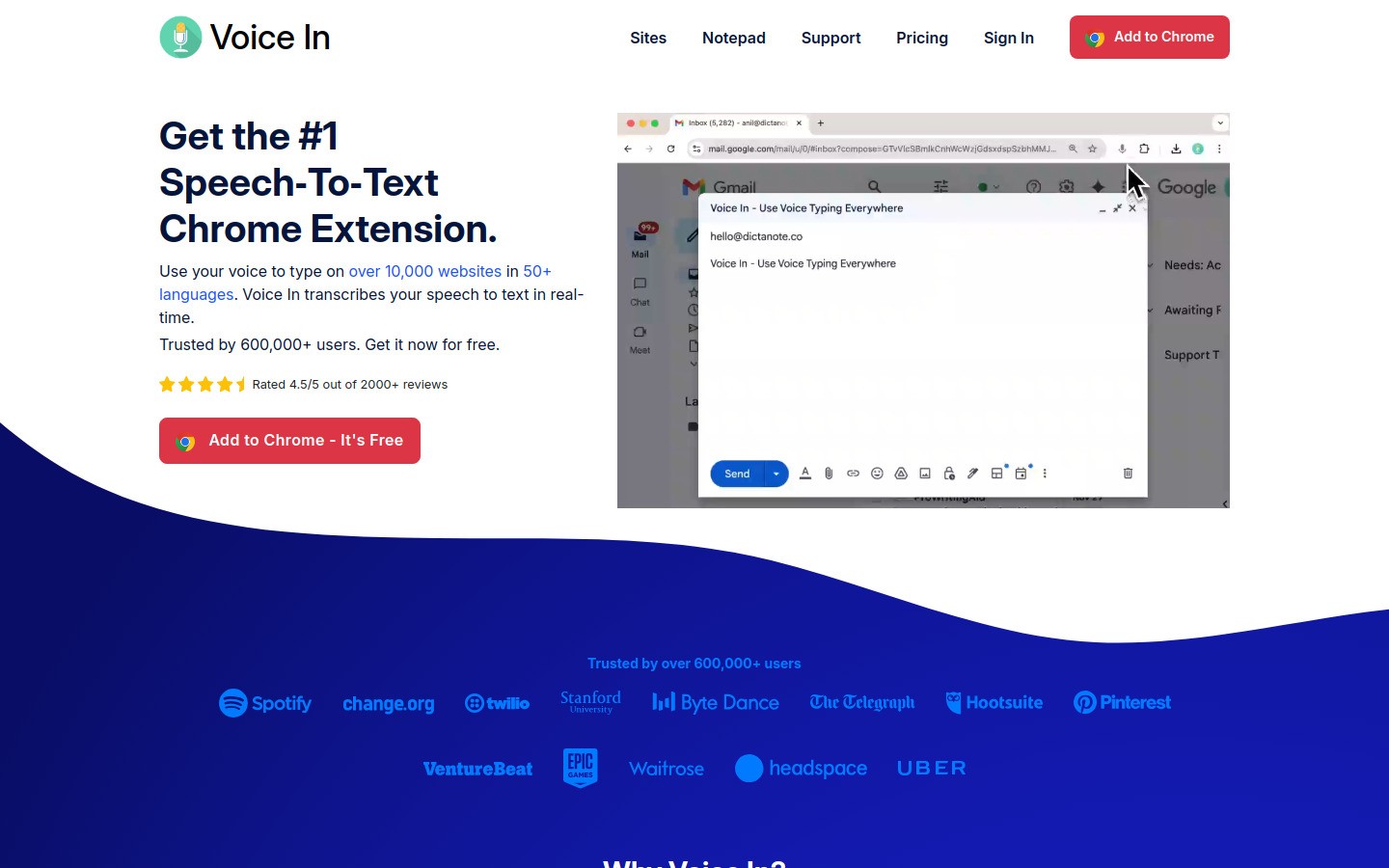 Voice In homepage screenshot for browser email dictation