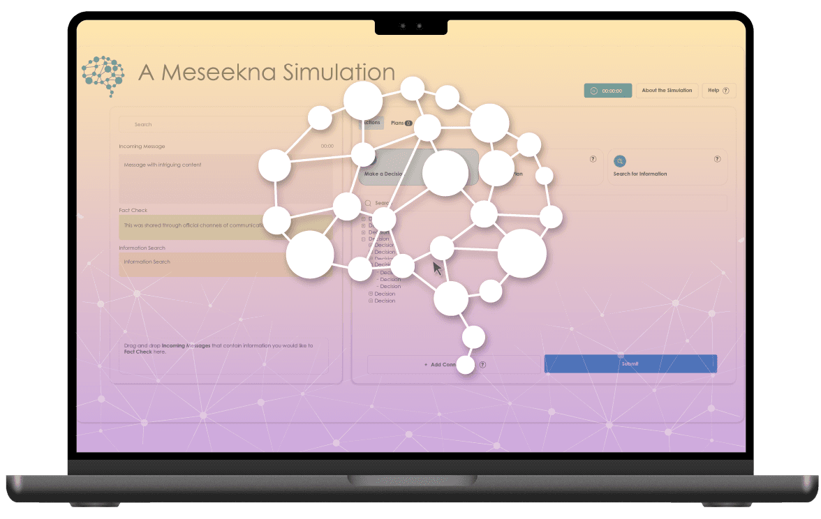 Our Meseekna Simulation on a laptop with the cognitive-network brain visualization overlaid