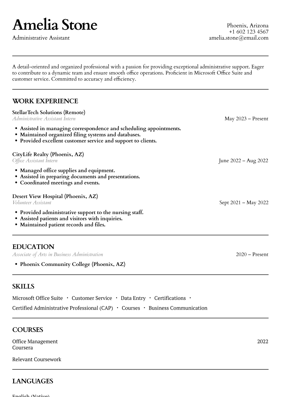 Administrative assistant resume example with a clear layout highlighting organization and office support skills