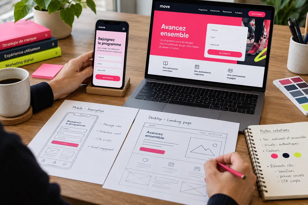 Des mains comparent un formulaire mobile, une page d’arrivée sur ordinateur et leurs maquettes papier.