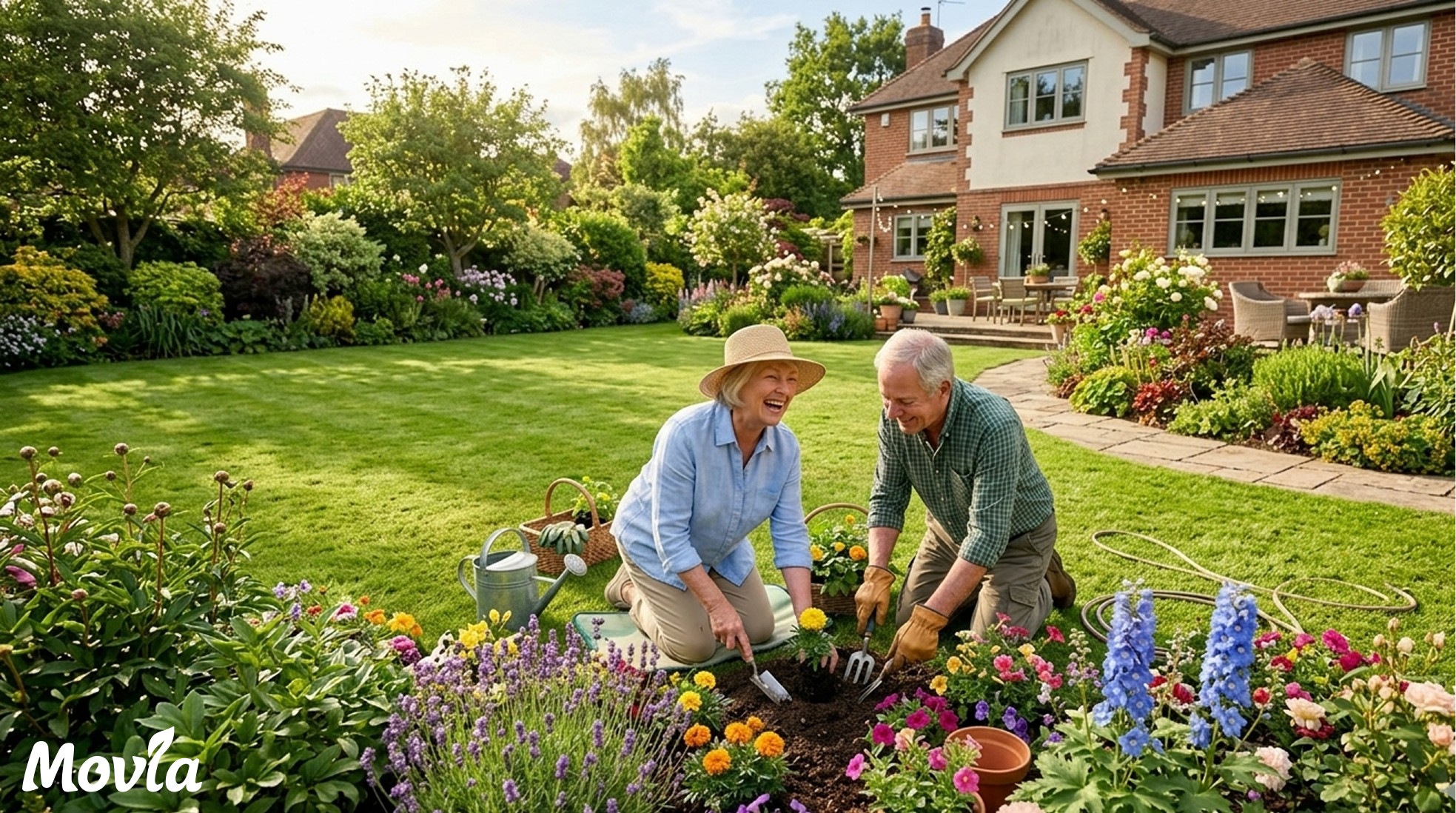 Two elderly people are tending the yard