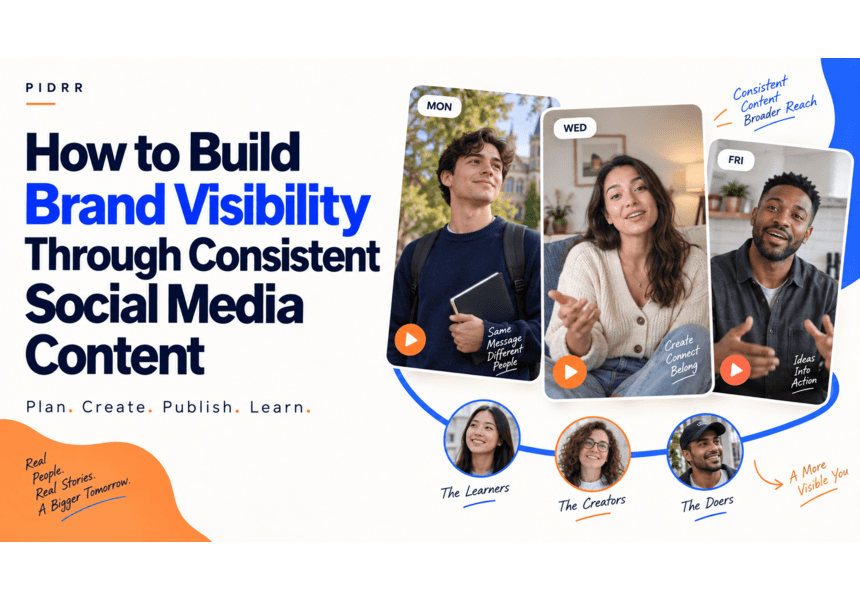 Building brand visibility through consistent social media content, illustrated by Monday, Wednesday, and Friday video posts featuring different people.