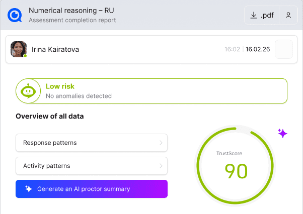 Illustrative TrustExam interface: session report and TrustScore