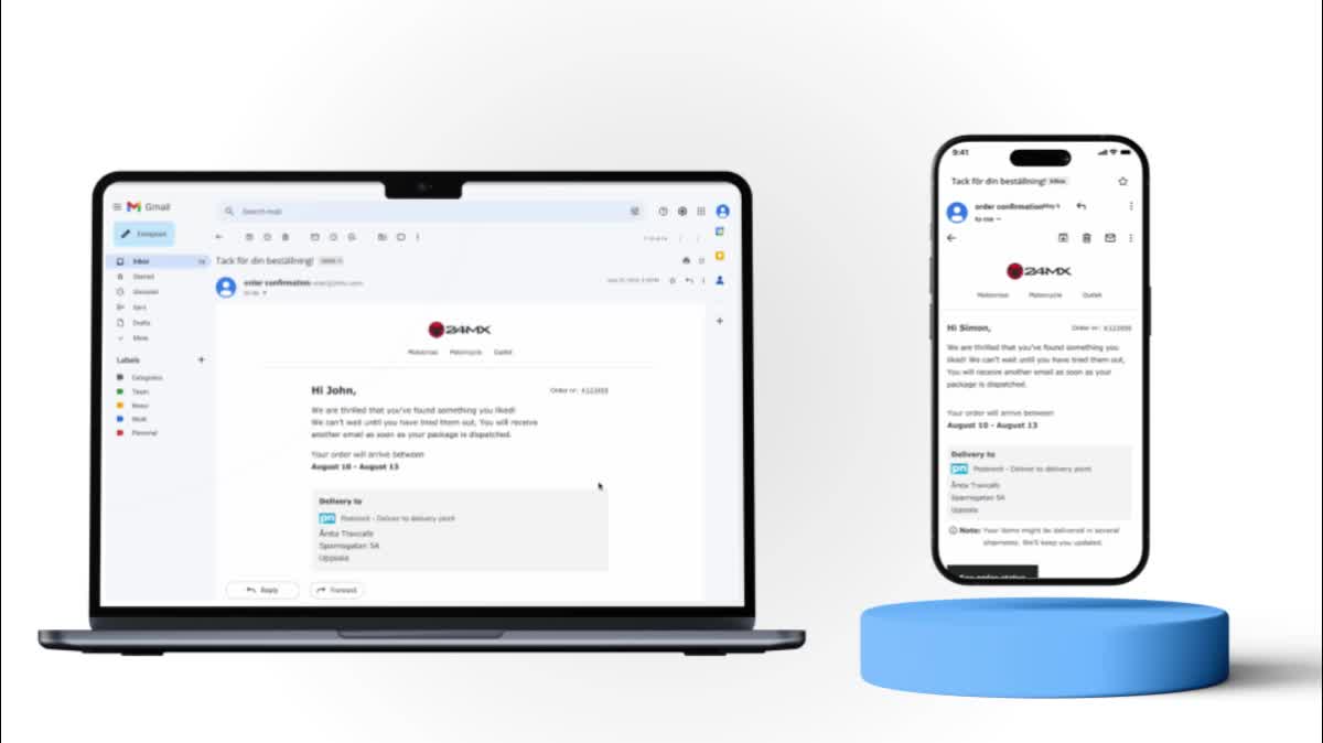 The 24MX order confirmation email on a laptop and a phone