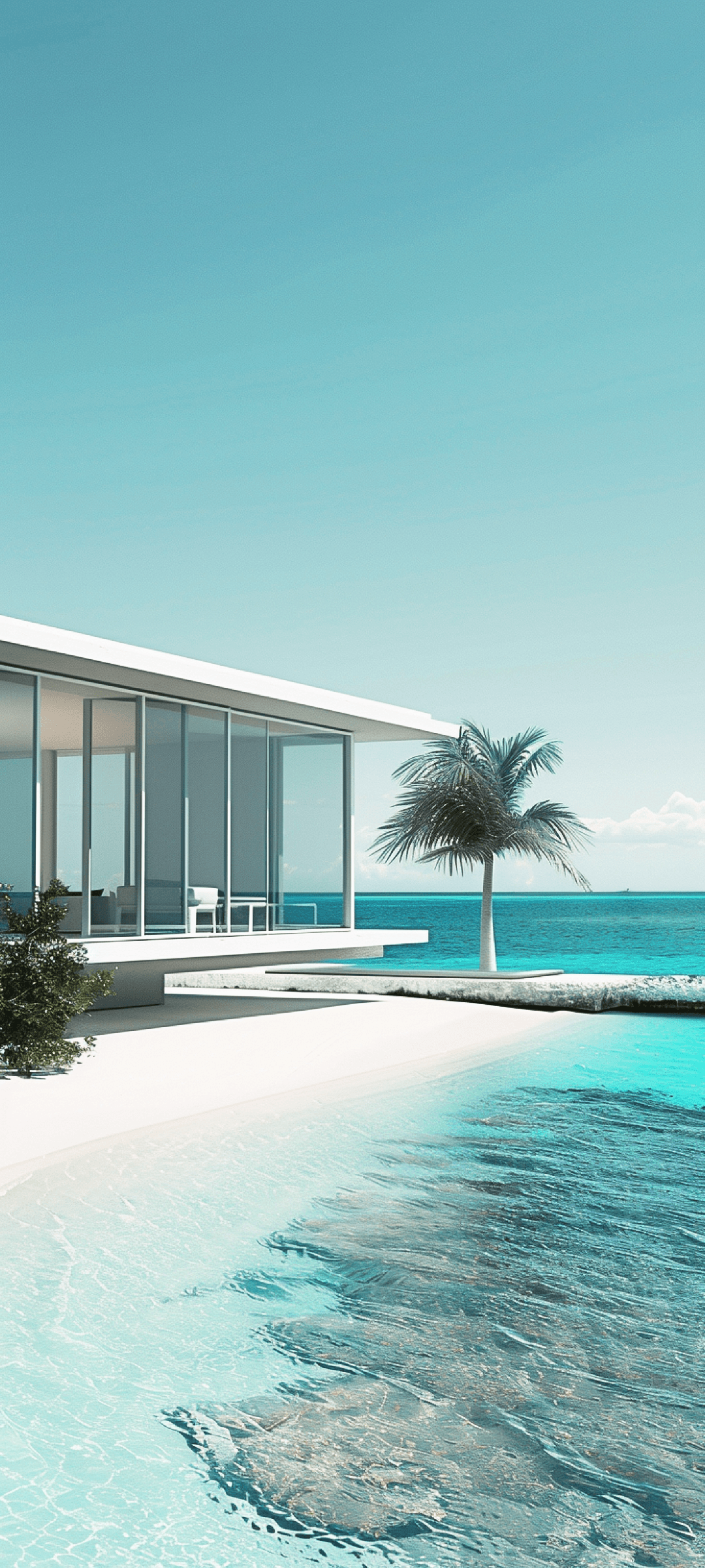 Modern beachfront villa with a pool, palm trees, and a stunning turquoise sea in the background.