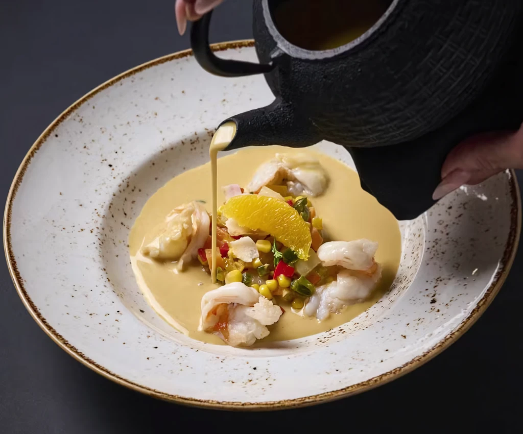 Creamy soup being poured over shrimp, corn, and orange segments in a wide bowl.