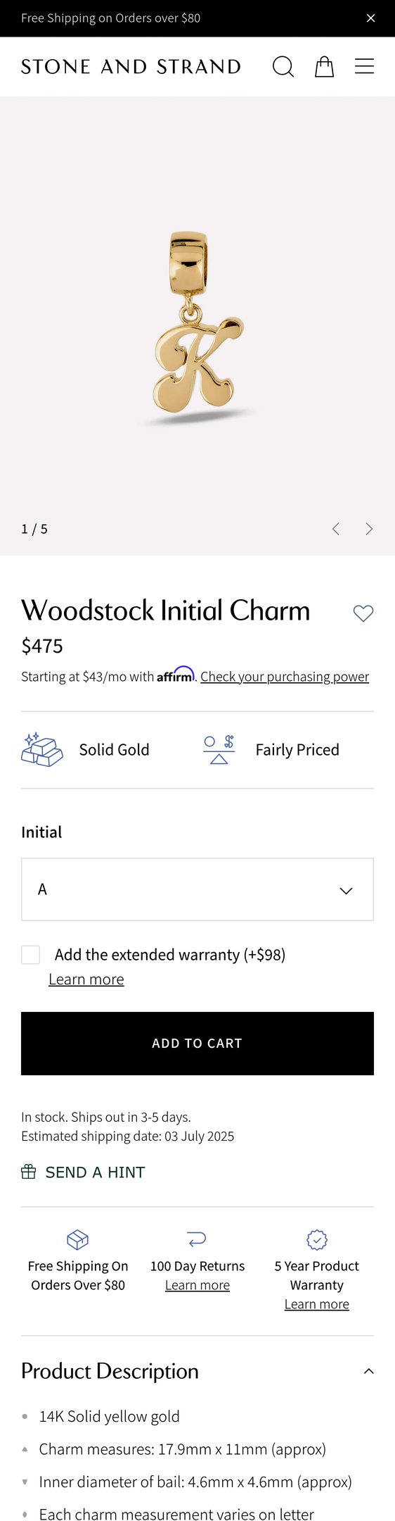 Jewelry product options include: pendant for Woodstock Initial Charm from STONE AND STRAND.