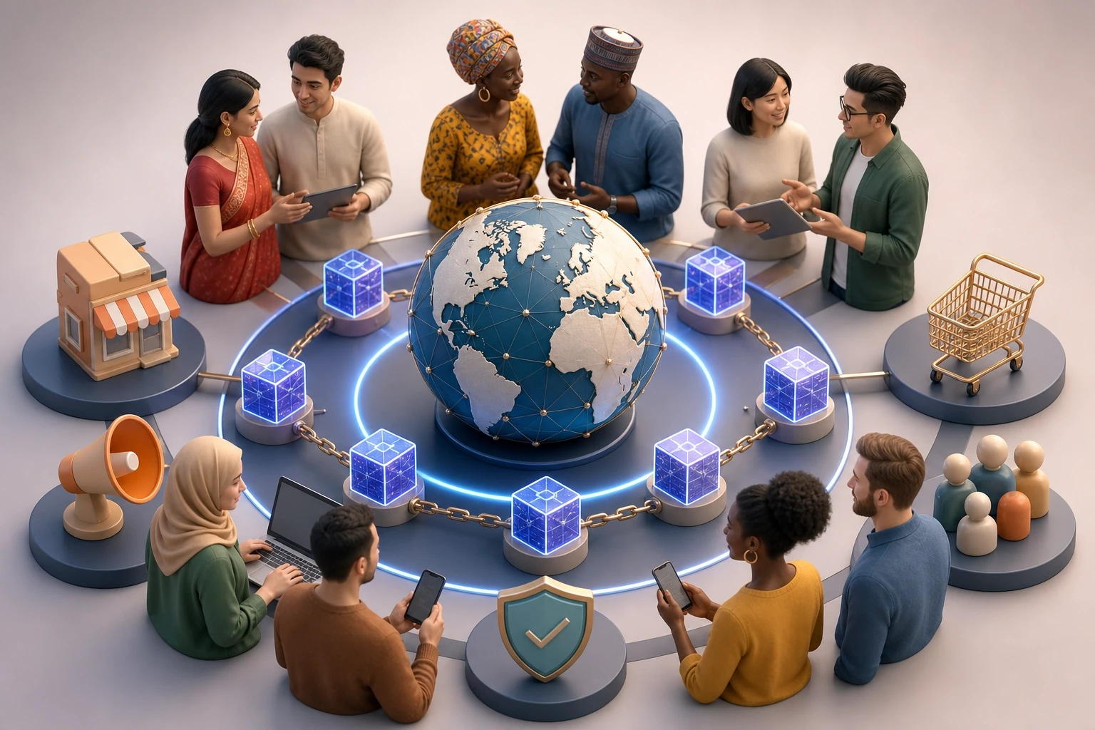 Diverse people around globe with blockchain cubes and shopping icons for mediareach global e-commerce marketing strategies