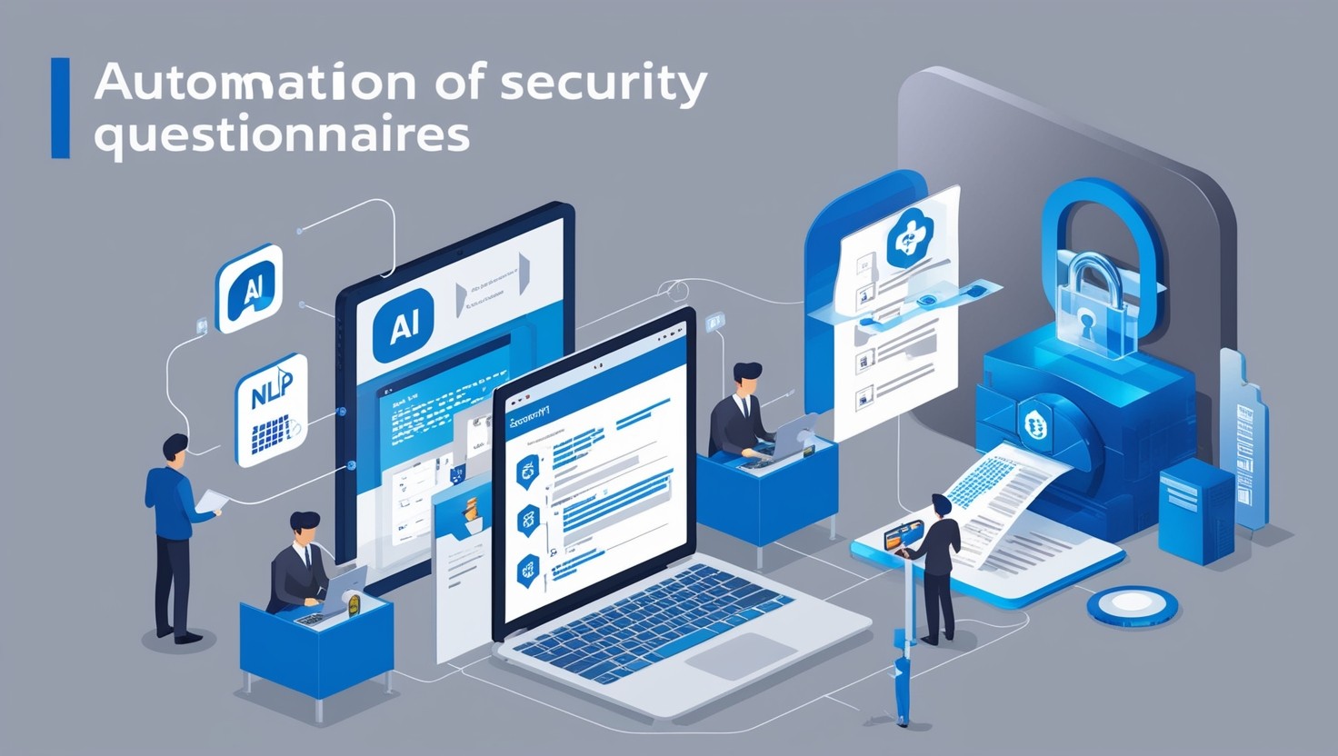 Illustration of automated security questionnaires being processed by AI and NLP technologies in a secure digital environment.