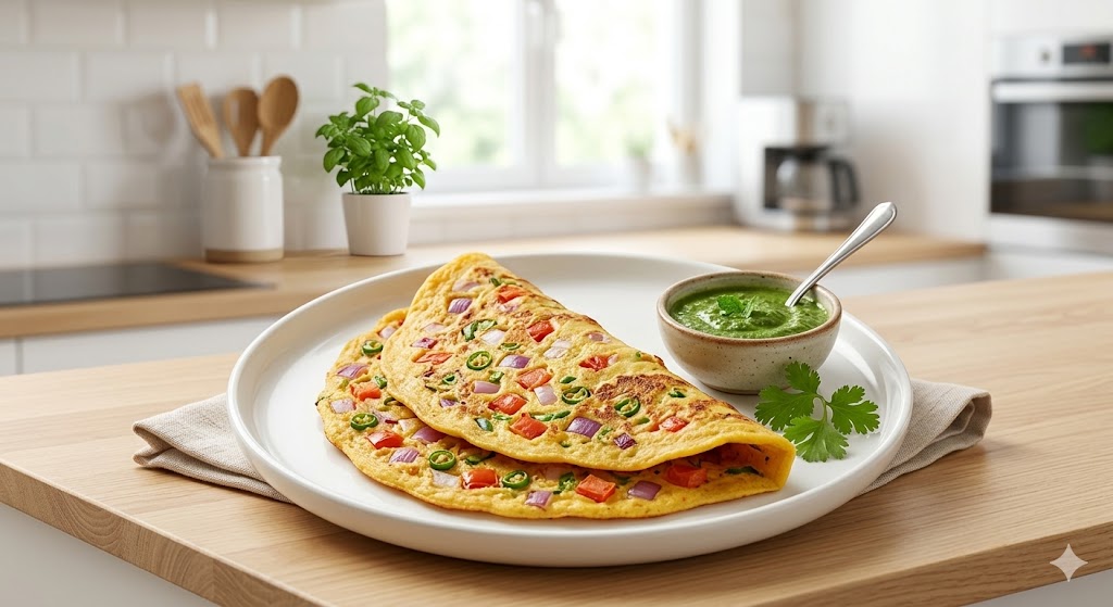 A high-quality photo of two savory, folded Indian Besan Chillas (gram flour pancakes) loaded with diced onions, tomatoes, and green chilies, served on a white plate with a bowl of mint chutney and fresh coriander in a bright kitchen setting.