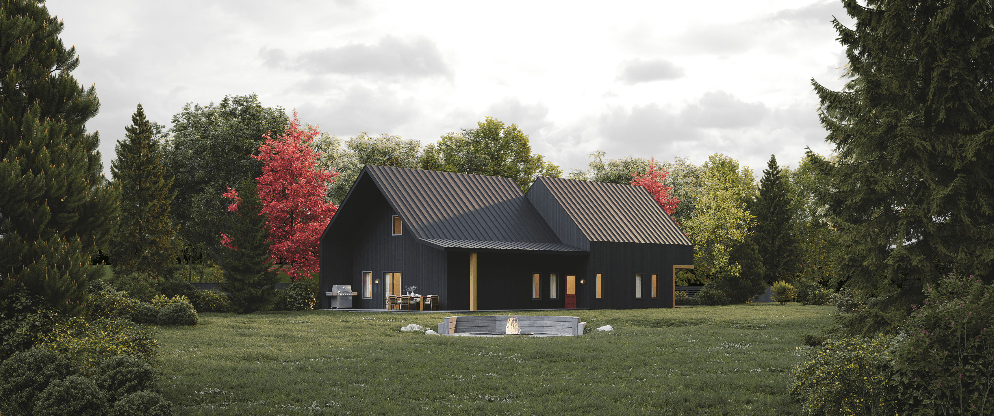 Modern black-clad house exterior design surrounded by lush greenery and vibrant landscaping, highlighting custom home plans by Mercer Design and Drafting, a high-end architecture and drafting studio in Halifax, Canada.