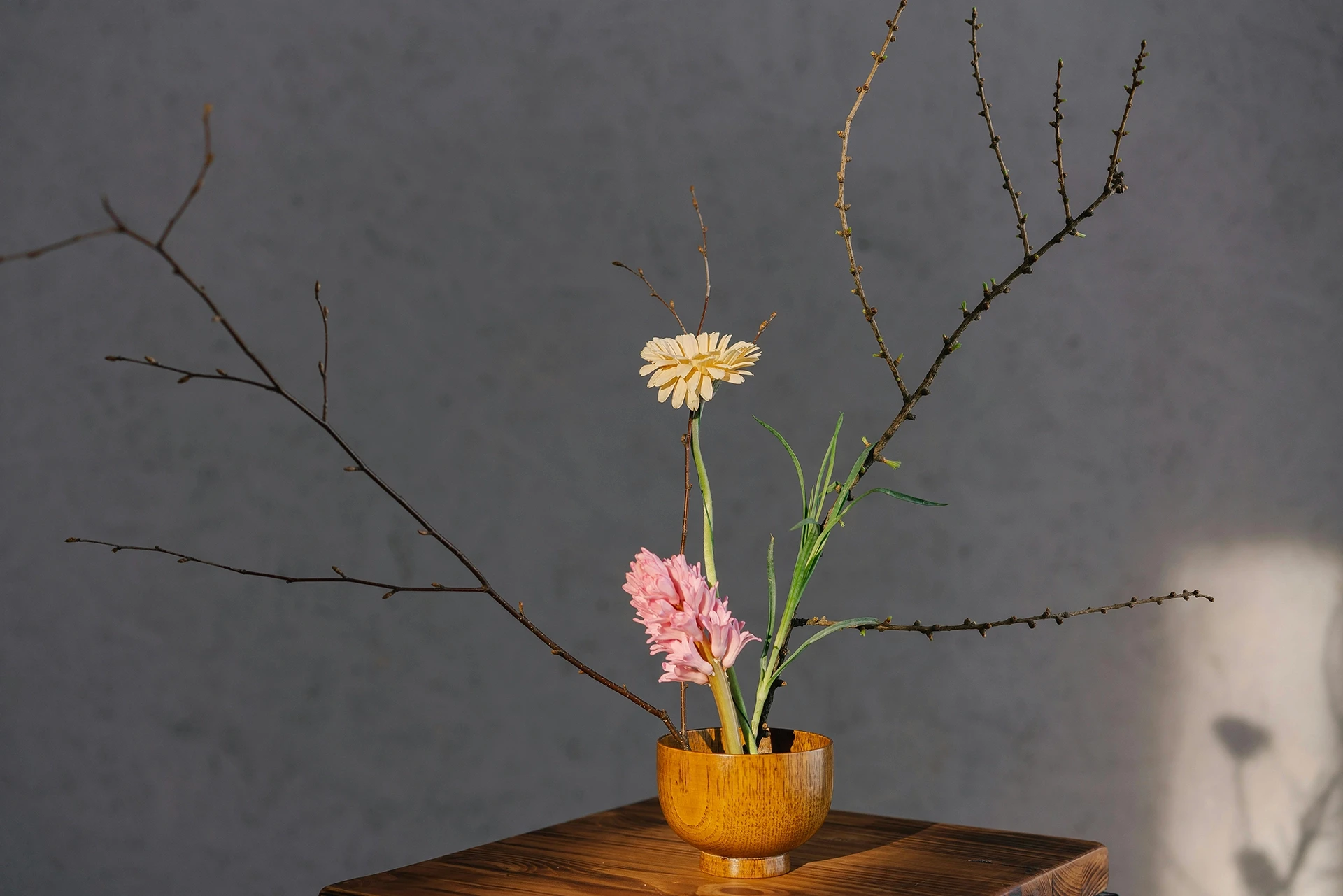 Pink and yellow plants growing out of plant pot on table with bare twigs, casting a shadow on wall.