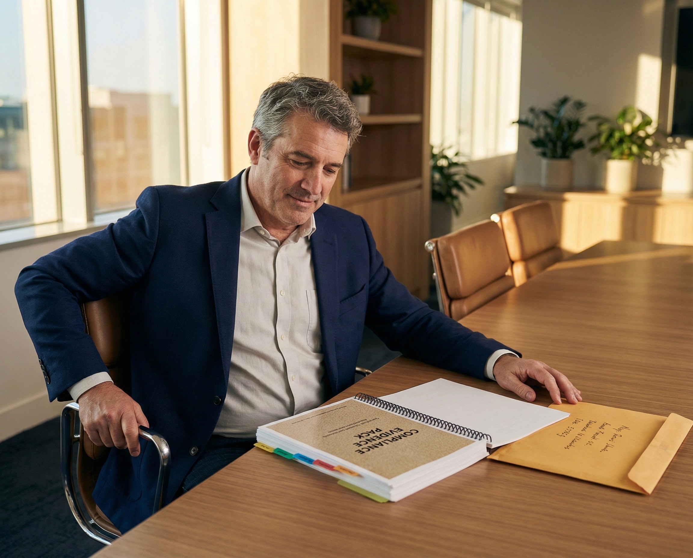 A WHS director in his early 50s sitting at a boardroom table with a single bound evidence pack in front of him, leaning back in his chair with his arms resting on the armrests, looking at the document with the composed expression of someone who did not build this — the system built it — and who is reviewing it one final time before it leaves his hands. The evidence pack has visible section tabs, a structured cover page, and the thickness of a comprehensive document. Beside it, a sealed envelope addressed in handwriting sits ready.