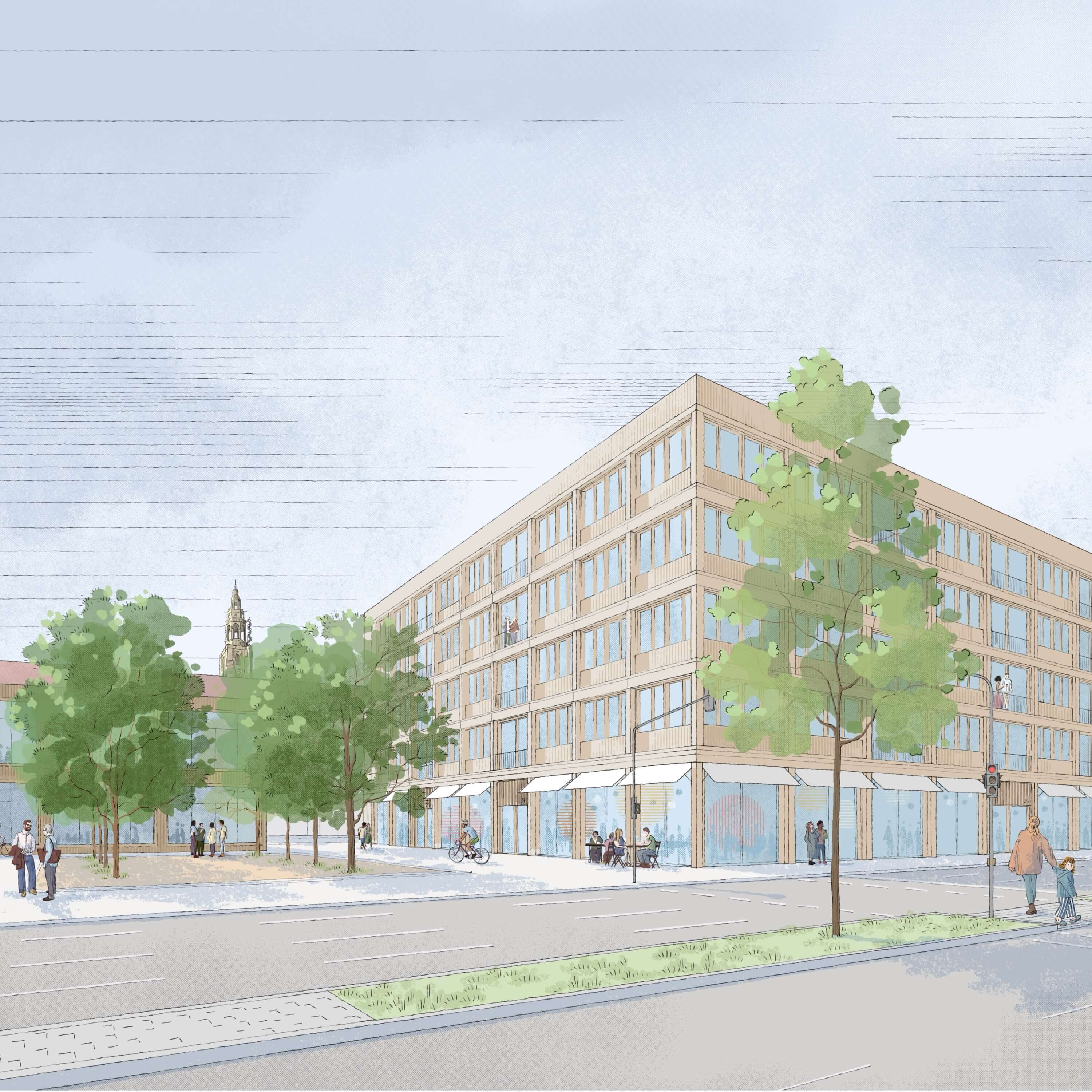 A colorful aerial view of a park layout featuring various geometric flower beds and walking paths near water.