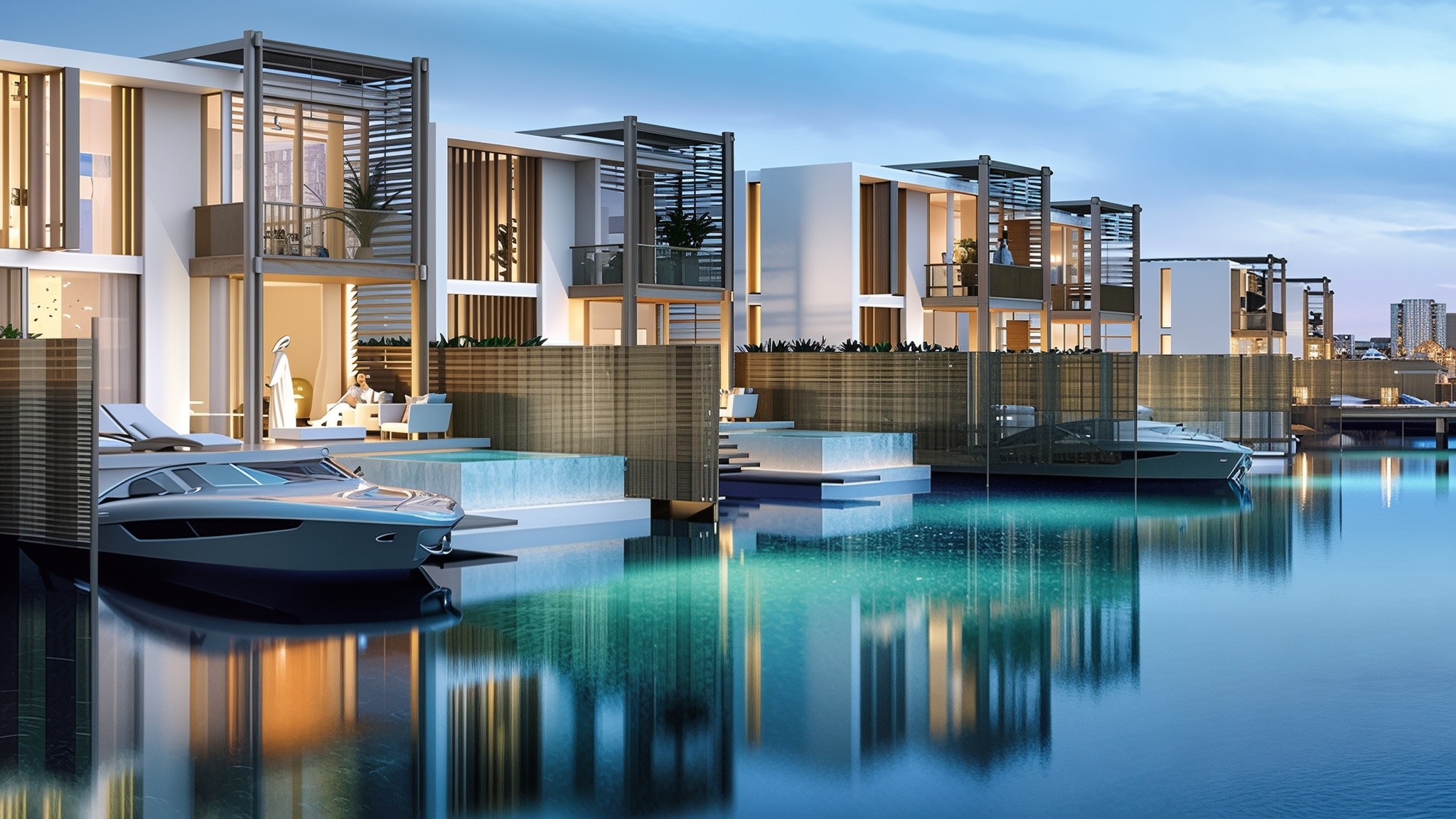 Waterfront villas at Palm Jumeirah, showcasing luxury living with stunning views of the sea and surrounding landscape.
