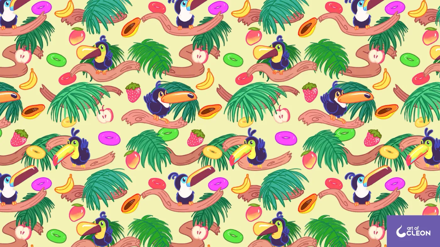 Touc Fruits repeat on a pale yellow ground, with the same toucans, branches, palm fronds, fruit, and colored cereal rings.