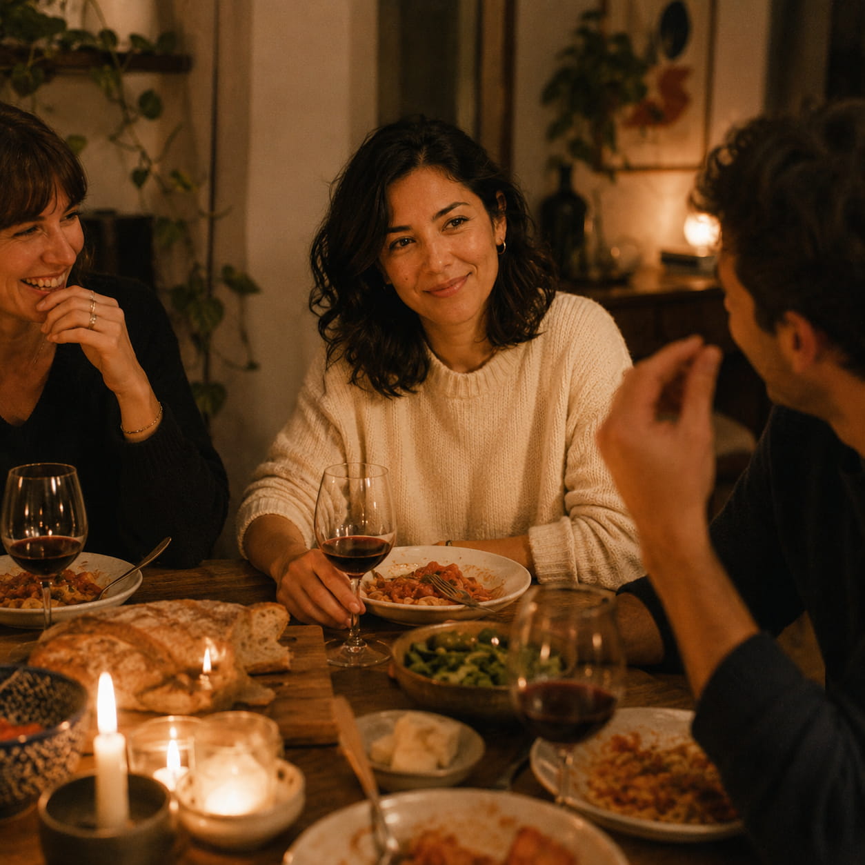 A group of friends enjoys a cozy dinner around a candlelit table, sharing pasta and wine. The warm lighting creates an intimate and joyful ambiance.