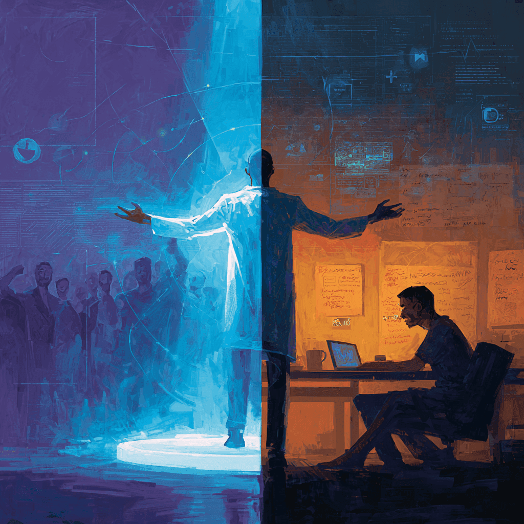 a split-scene digital painting, cinematic style -- on the left: a tech founder standing alone under a blinding spotlight on a futuristic stage, arms outstretched, surrounded by applauding shadowy figures, holographic metrics floating around (likes, retweets, followers) -- on the right: same founder in a dimly lit, grounded office mentoring a teammate, whiteboard filled with real strategy, visible tension and quiet trust -- high-detail, moody atmosphere, chiaroscuro lighting, dramatic contrast between neon blue/violet on stage and muted amber/warm earth tones in office, expressive facial emotion, symbolic storytelling, filmic grain