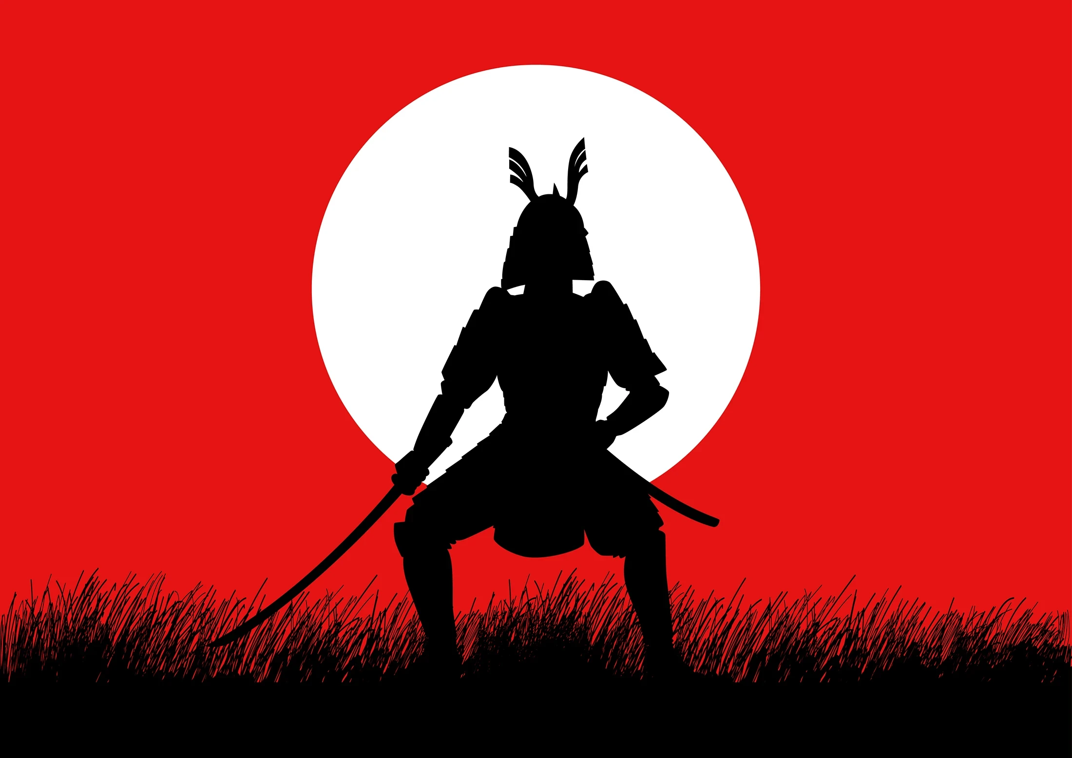 silhouette of a samurai soldier on a field of grass