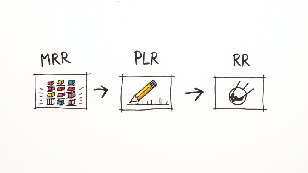 A diagram visually explaining the sequence from MRR (colorful product blocks), to PLR (pencil and chart), and finally to RR (globe symbol).