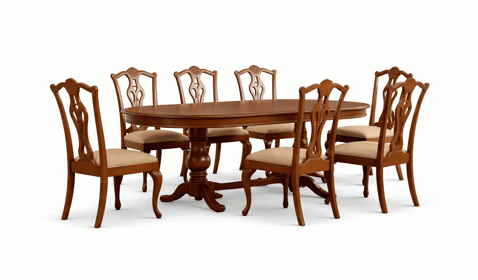 Round wooden dining table with carved pedestal base and matching wooden chairs