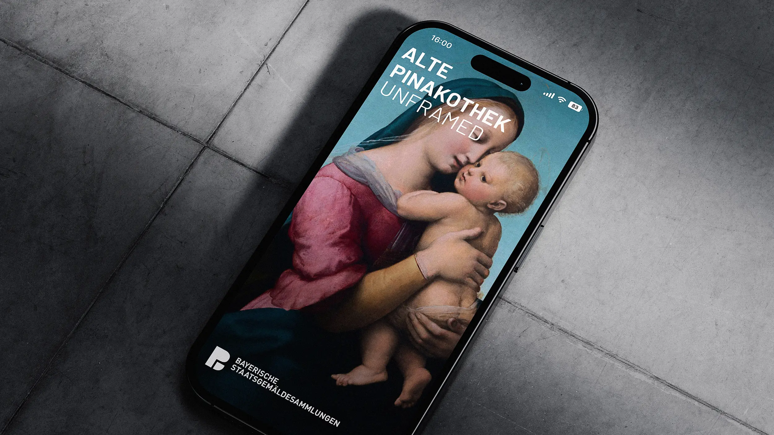 MockUp des App Startscreens. Der Hintergrund der App ist ein Barockes Gemälde.