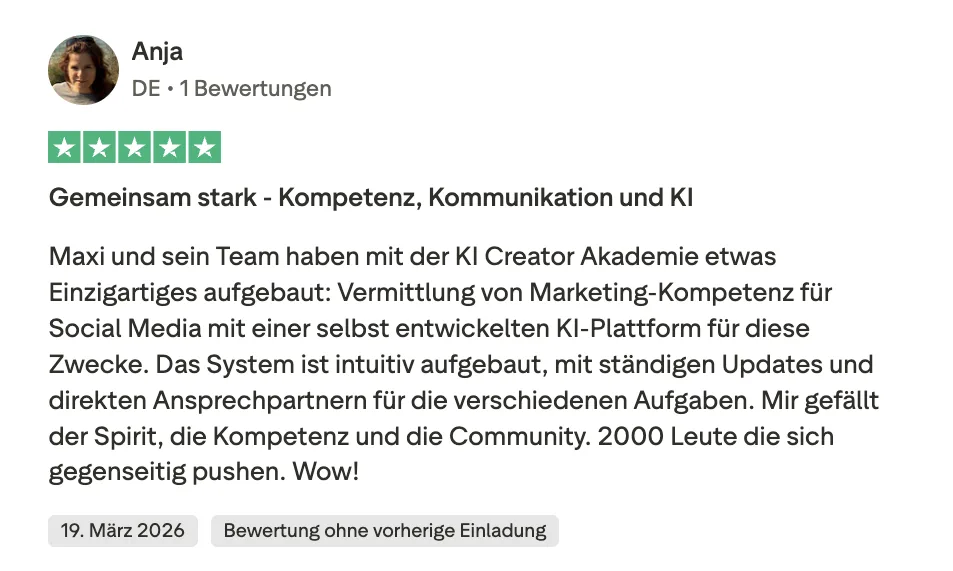 Erfahrungsbericht KI Creator Akademie: Anja lobt Kompetenz, Kommunikation und die hauseigene KI-Plattform der Community