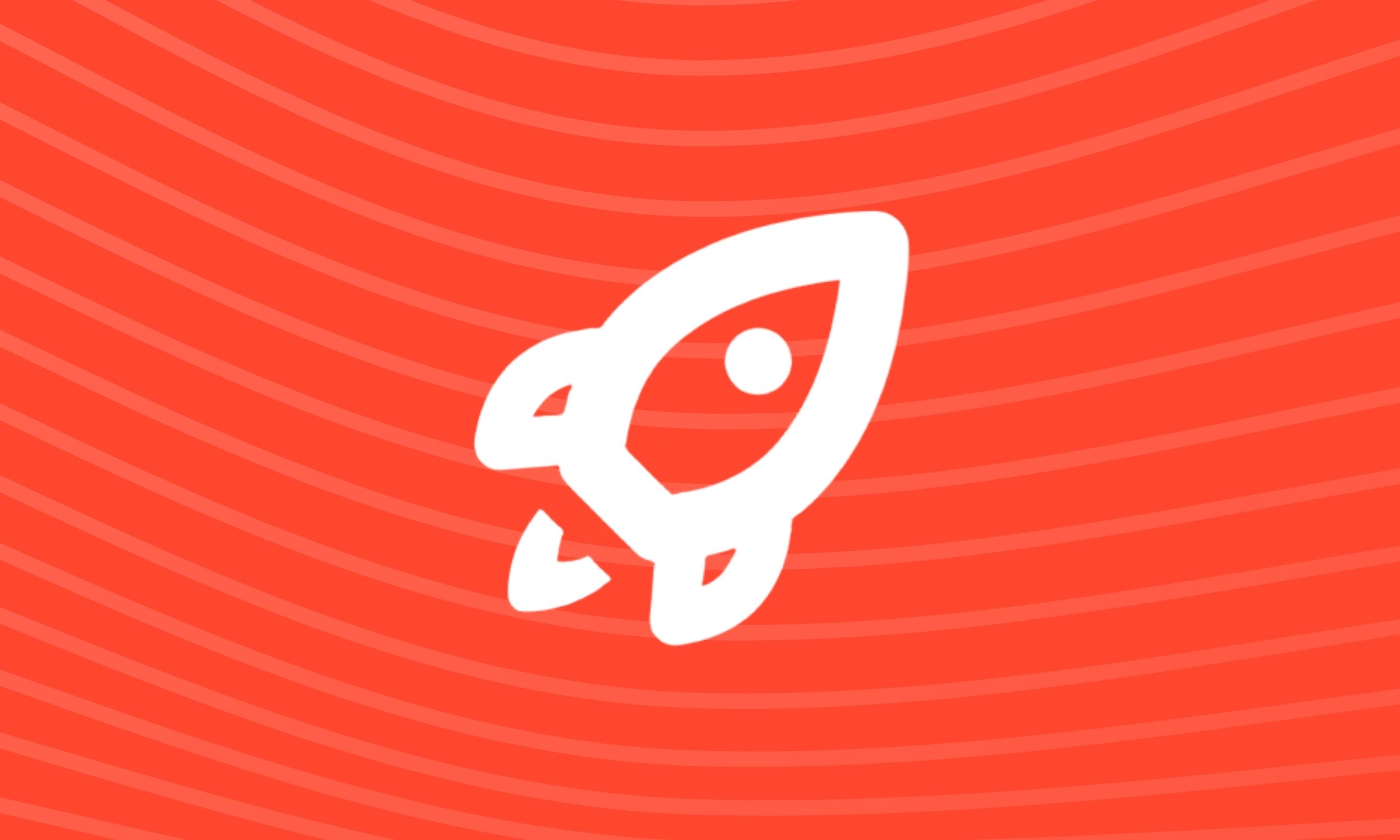 Raketikon i hvid på rød baggrund, bruges som symbol for Meta annoncering