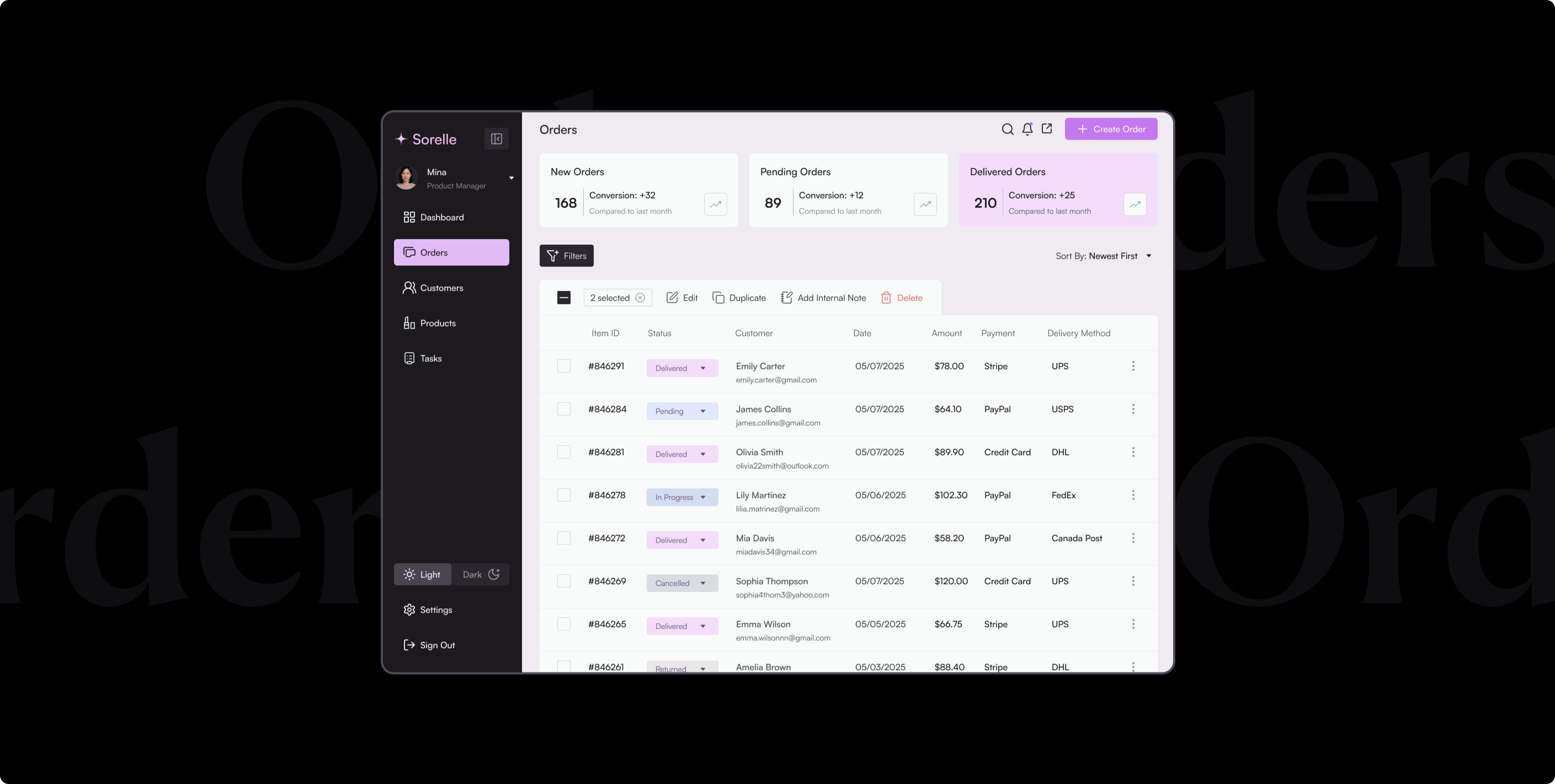 Orders mockup admin panel