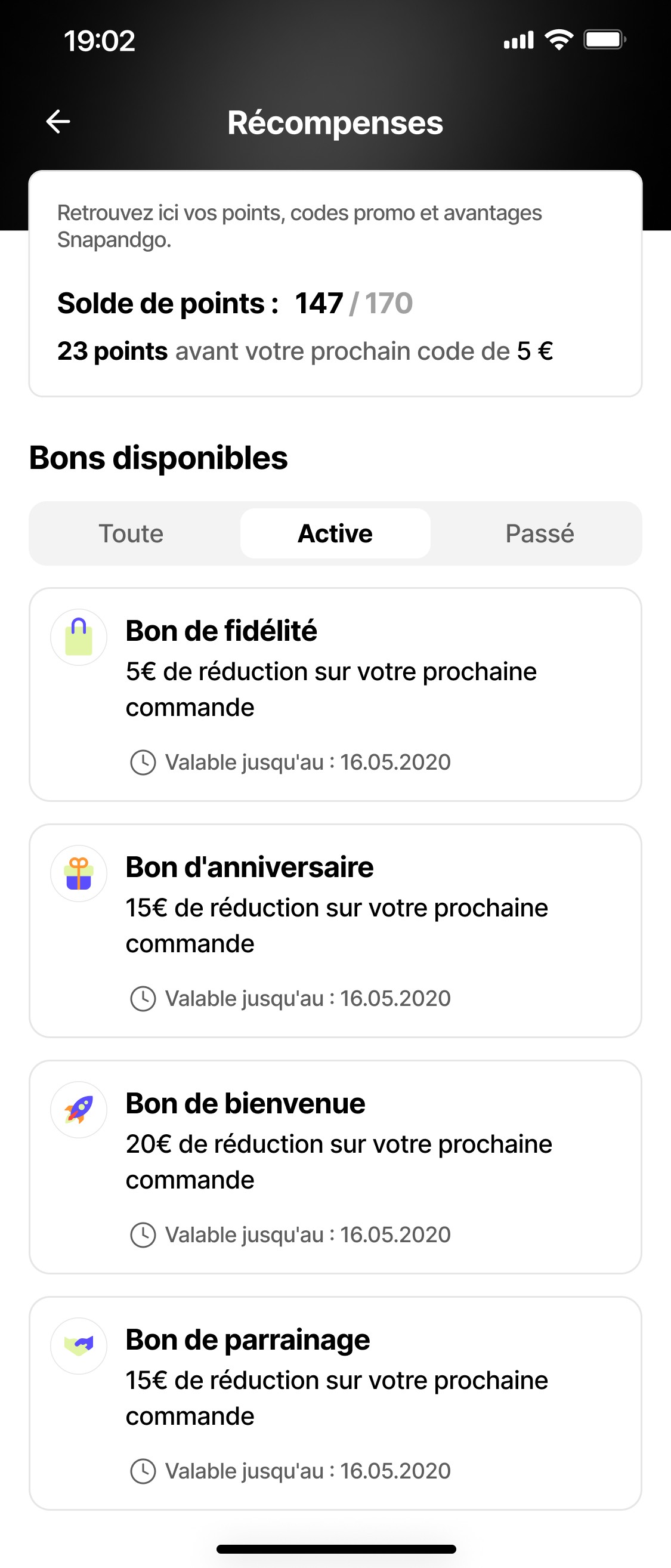Rewards screen of snapandgo
