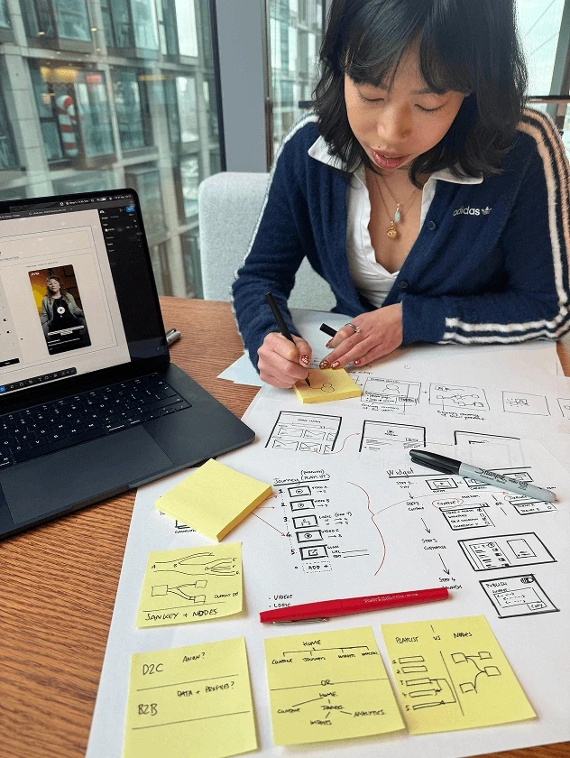 Team workshop table with sketches, sticky notes, and a laptop prototype.