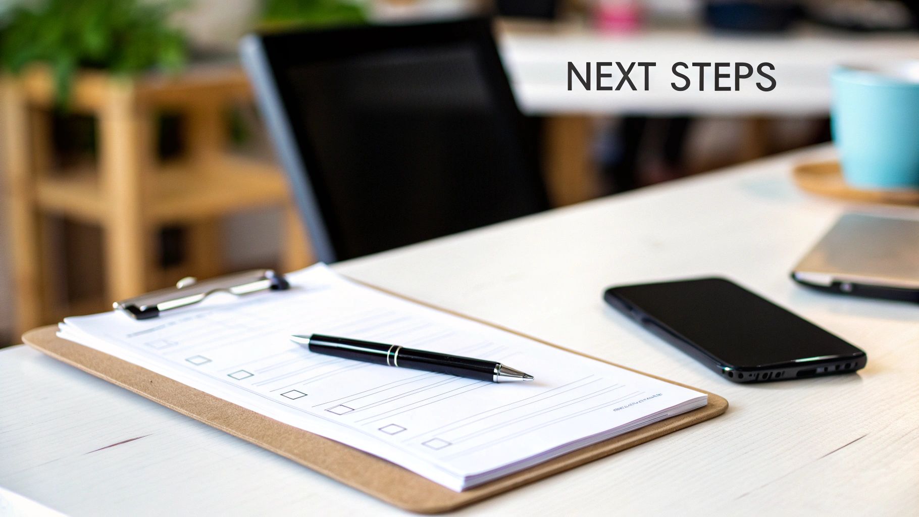 A clipboard with a 'NEXT STEPS' checklist and a pen on a white desk, with a phone and a mug.