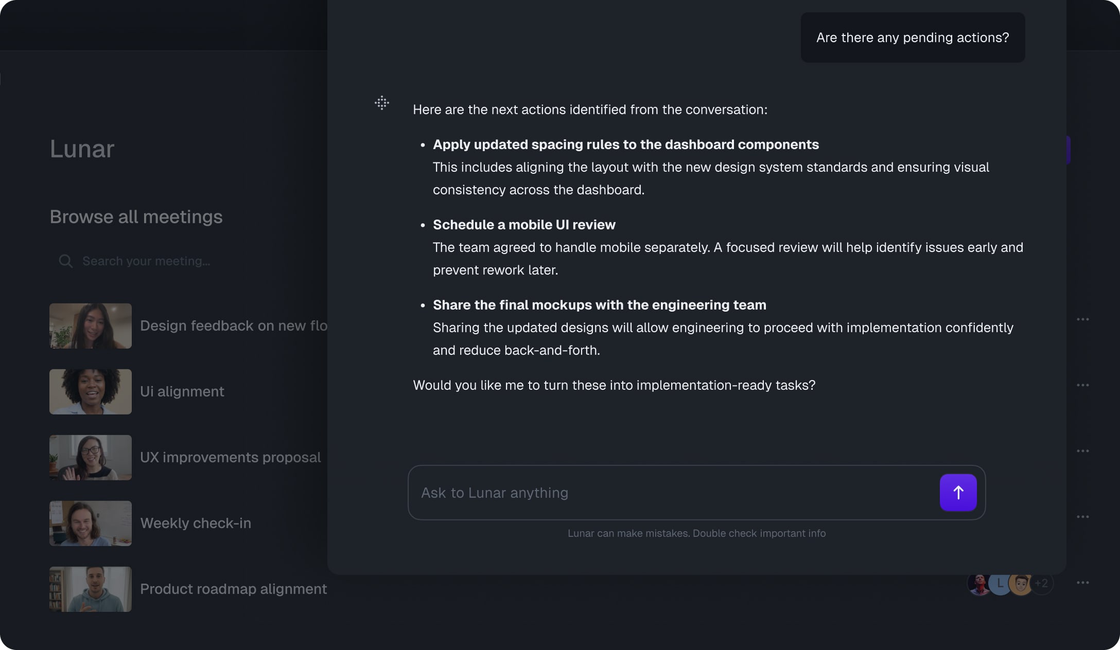 Lunar AI answer engine showing pending action items extracted from meeting recordings