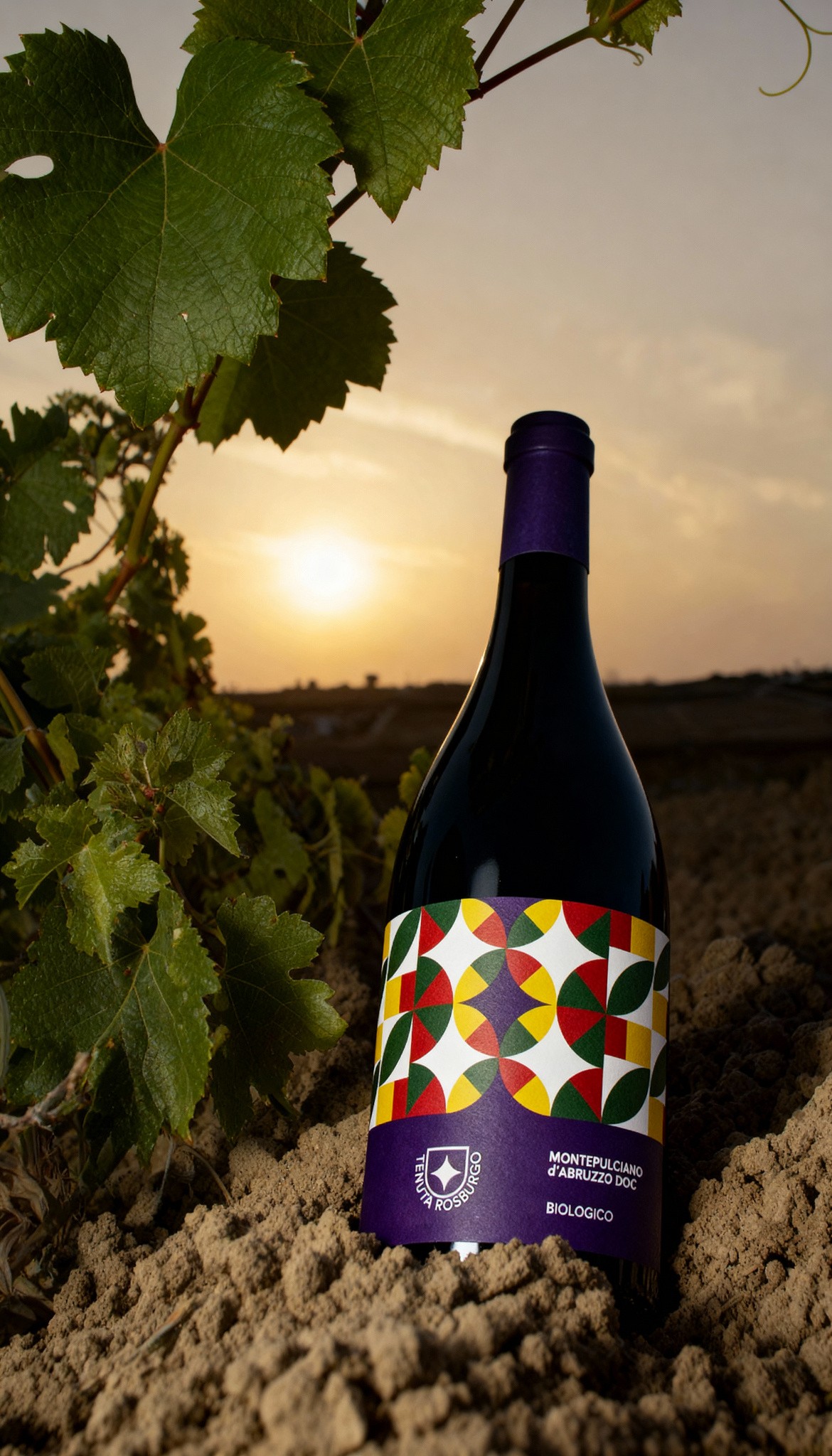 AI-generated wine bottle campaign for Tenuta Rosburgo set in vineyard soil at sunset, designed by Myrovia Labs. AI brand storytelling for organic Italian wine and premium beverage campaigns.
