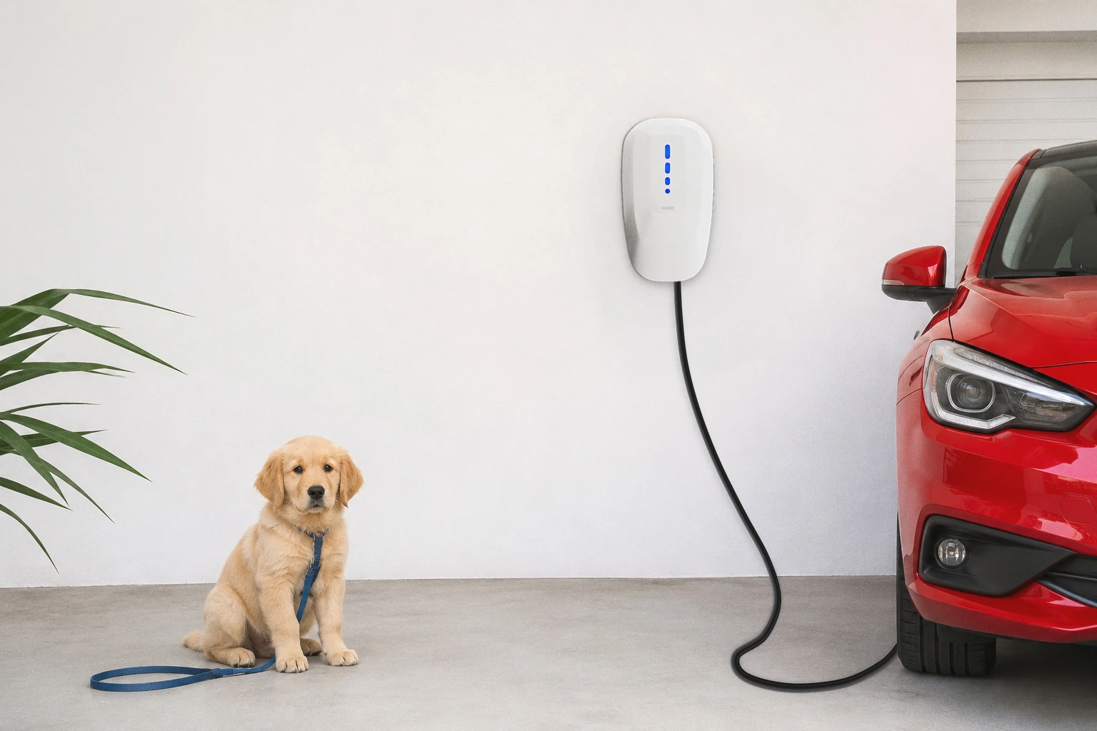 Dazebox One fixée au mur d'une maison, rechargeant une voiture électrique rouge