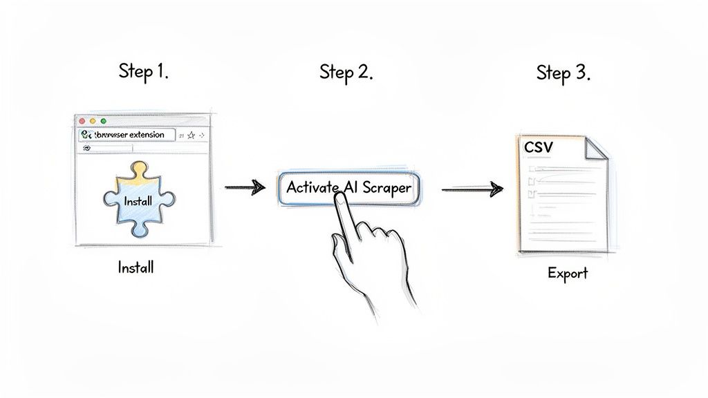 Illustrative steps for installing an AI web scraping browser extension and exporting data to CSV.