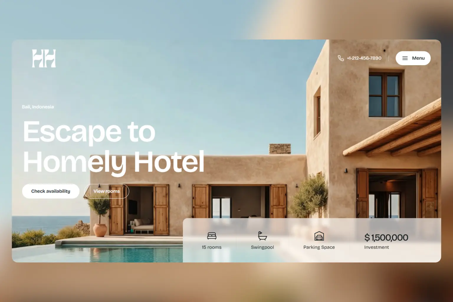 Luxury hotel website hero design with poolside villa architecture and booking interface