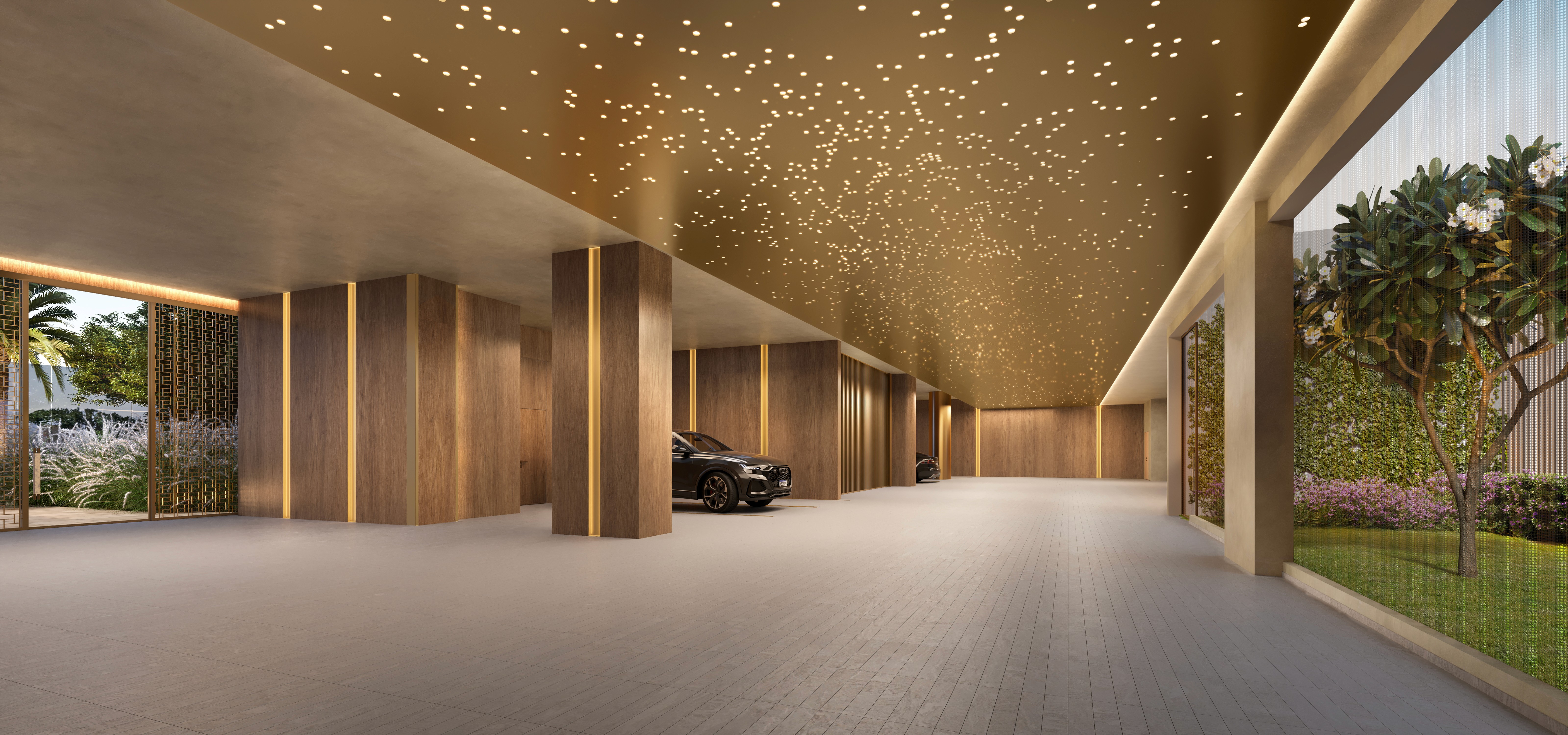 Curved modern skyscraper against a clear blue sky.