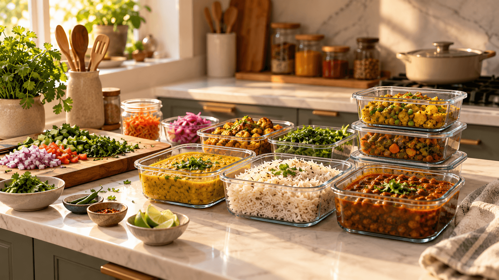 Indian meal prep with glass containers of dal, basmati rice, chickpea curry, paneer, and mixed vegetables, alongside freshly chopped ingredients on a sunlit kitchen counter.